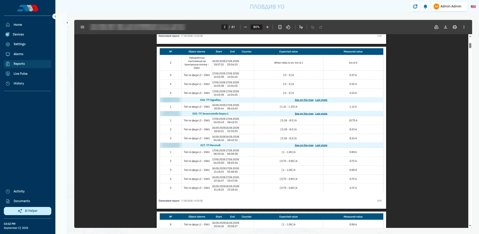 Alarm reports with expected and measured values